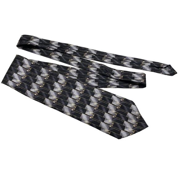 Vtg Oscar de la Renta Mens Necktie Tie Black Silver Gold Geometric Silk Designer - Picture 6 of 7